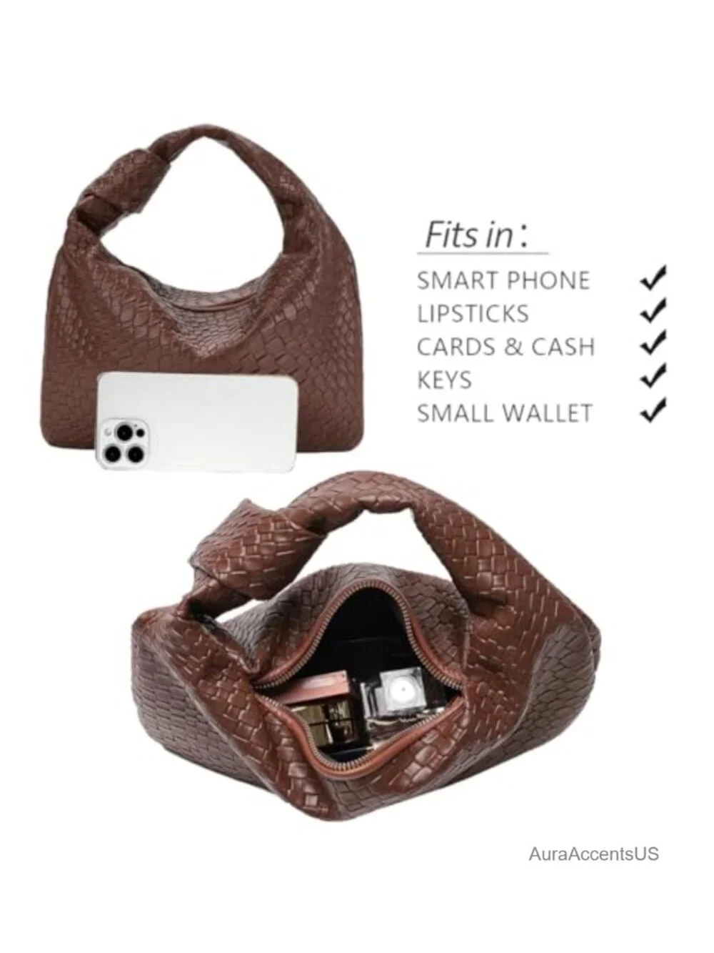 Faux Leather Woven Hobo Bag with Knot Strap Ruched Clutch Purse